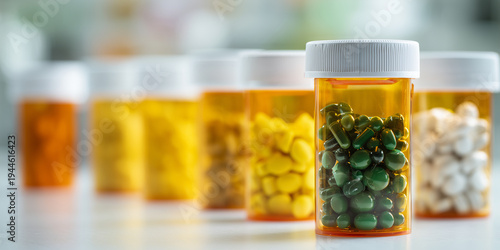 Row of prescription pill bottles with various colorful capsules and tablets for healthcare and pharmacy concept