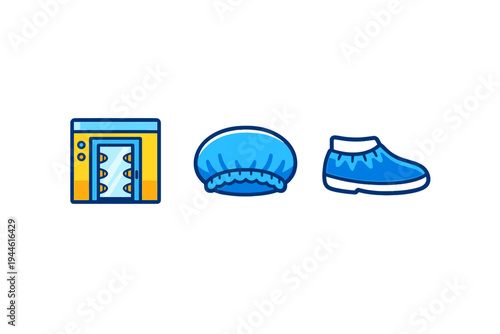 Three blue and yellow icons representing cleanroom safety equipment including an air shower booth, a protective hairnet, and a shoe cover, set against a solid black background.