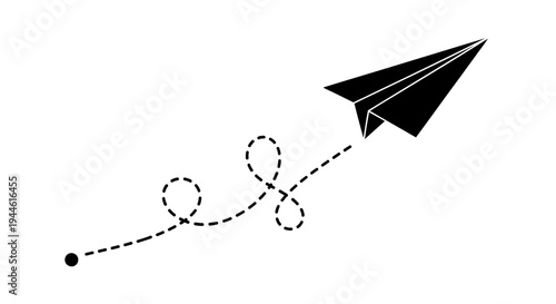 A simple black paper airplane gracefully gliding on a dashed line path, symbolizing creativity and imagination