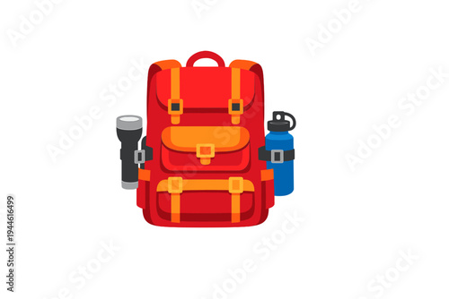 A red and orange hiking backpack is shown against a black background. It features a grey flashlight on one side and a blue water bottle on the other, ready for an outdoor adventure.