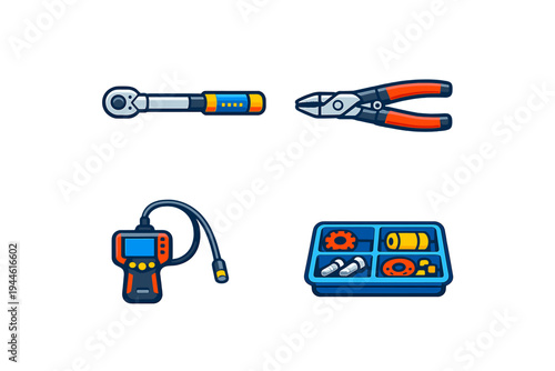 This set of four flat vector icons displays mechanical tools such as a ratchet wrench, pliers, a digital diagnostic device, and a blue organizer tray containing various small hardware parts.