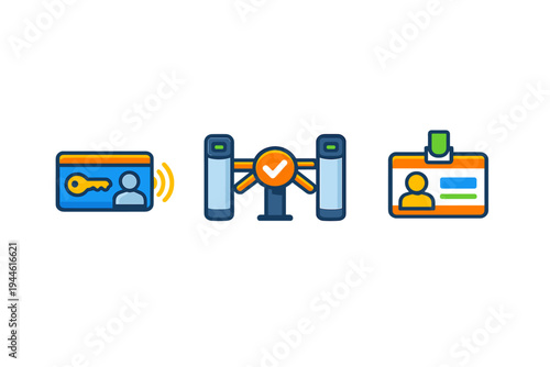 A set of three colorful icons representing access control systems, including a wireless key card, a security turnstile with a checkmark, and an identification badge with a photo.