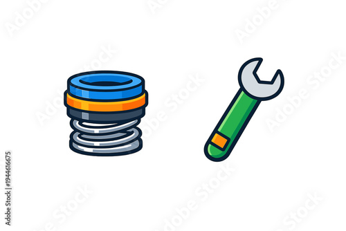 A cartoon illustration featuring a mechanical spring assembly with blue and orange rings next to a green wrench, set against a solid black background for a clean look.
