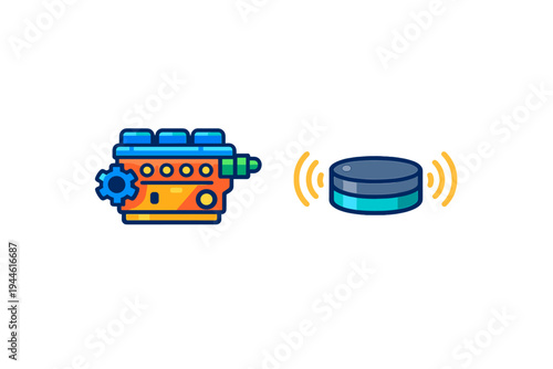 This flat vector graphic displays a stylized mechanical engine part with a gear next to a circular wireless sensor emitting signal waves on a black background.
