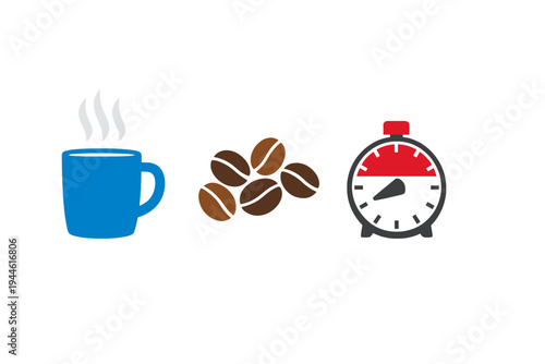 A flat vector illustration featuring a blue steaming coffee mug, a cluster of brown coffee beans, and a red kitchen timer set against a solid black background.