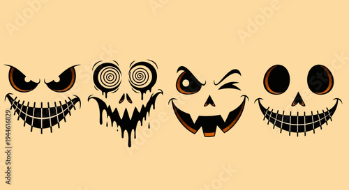 Collection of spooky and fun Halloween pumpkin faces and scary jack-o'-lantern expressions for holiday decoration and design projects