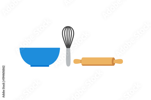 A flat vector illustration of kitchen baking tools including a blue mixing bowl, a metal whisk, and a wooden rolling pin arranged on a solid black background.