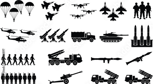 Comprehensive military silhouette vector set featuring fighter jets, tanks, drones, infantry, and mobile missile launcher systems.