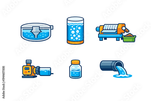 A set of six flat vector icons illustrating various stages of water treatment and industrial filtration processes, including tanks, pumps, and drainage pipes on a black background.