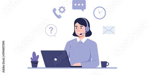 PrintCustomer support service concept illustration call center operator with headset working on laptop online help desk assistance communication