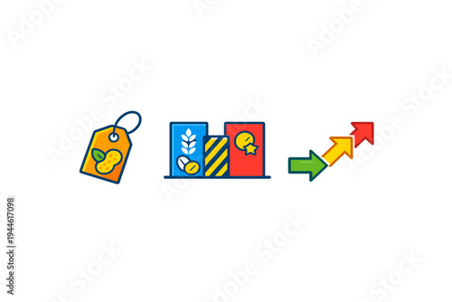 A set of flat vector icons featuring a peanut price tag, cereal boxes with grain and medal symbols, and three rising arrows indicating growth or inflation on a black background.