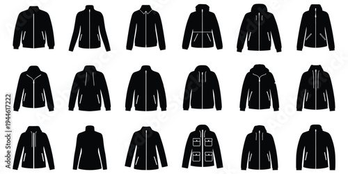 Jacket Silhouette Set Hooded Sweatshirt and Winter Outerwear Vector SketchJacket Silhouette Set Hooded Sweatshirt and Winter Outerwear Vector Sketch