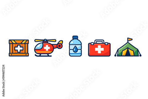 A set of five flat icons representing humanitarian aid and emergency relief, including a medical crate, rescue helicopter, water bottle, first aid kit, and a green shelter tent.