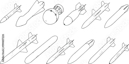 Detailed ballistic munitions vector catalog featuring various missiles rockets and aerial bombs in clean technical line art style.