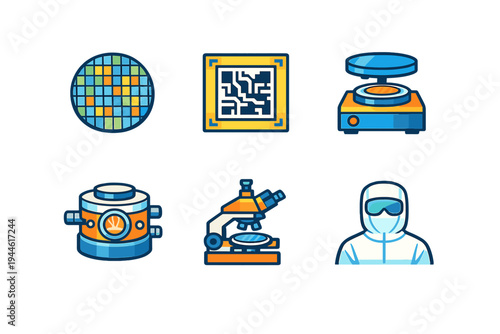 A set of six stylized icons representing semiconductor manufacturing and laboratory processes, including a silicon wafer, microchip, microscope, and a technician in a cleanroom suit.