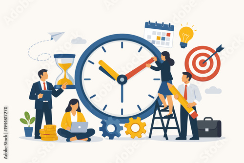 Professional business team working together for effective time management and productivity. Illustration featuring a large clock, calendar, target, and gears for project planning and deadlines.