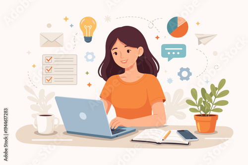Young woman working on laptop at desk with productivity icons like lightbulb, checklist, and charts. Flat vector illustration for remote work, education, business, and creative multitasking.