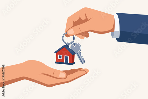 Real Estate Agent Handing Over House Keys with Small Red House Keychain to New Homeowner, Concept of Buying Selling Property, Mortgage Approval, Investment, and Successful Deal Closing Ceremony