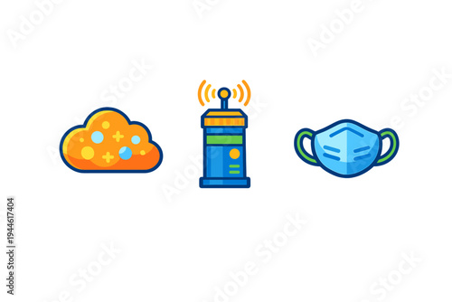 Three colorful vector icons representing a cloud with particles, a wireless communication device with an antenna, and a blue medical face mask on a black background.