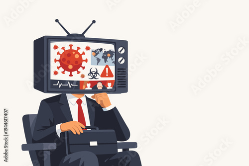 Vector Illustration of a Businessman with a Vintage TV Set Instead of a Head Watching Non-Stop Coronavirus Pandemic News Coverage, Symbolizing Media Obsession and Information Overload