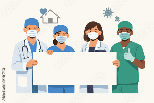 Vector illustration of a diverse group of medical staff and doctors wearing protective face masks and holding a large blank white message board for public health awareness during a pandemic.