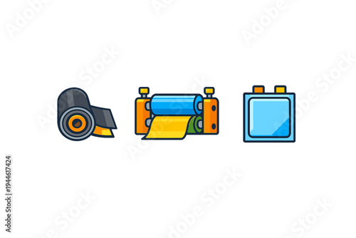 A set of three vector icons depicting industrial production steps including a roll of raw material, a mechanical rolling press, and a completed square battery cell on a dark background.