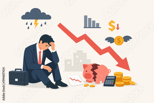 Stressed businessman sitting on floor facing financial crisis and bankruptcy with broken piggy bank, falling red arrow, and money loss icons representing economic recession and business failure.