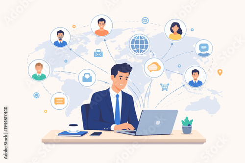 Businessman working on a laptop at his desk, connecting with a global team and clients worldwide through the internet, featuring a world map and social network icons flat vector illustration.