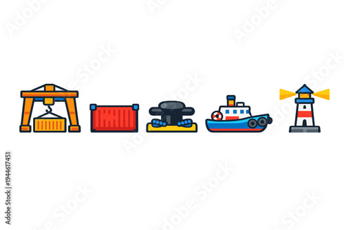A set of five colorful maritime icons featuring a gantry crane, a shipping container, a mooring bollard, a tugboat, and a lighthouse, all isolated on a solid black background.