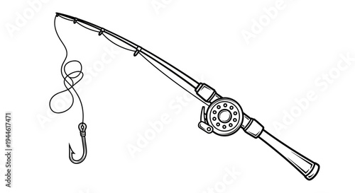 A detailed illustration of a fishing rod with a reel and hook, ready for angling adventures on the water, symbolizing outdoor recreation and hobbies