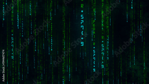 Machine computing. Endless data analysis. Random numbers and symbols, program code numbers. Digital data technology concept. Matrix. Vector illustration.