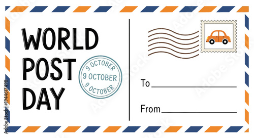 World Post Day celebration with postcard elements including stamp, mail carrier icon, and text fields for sender and recipient information