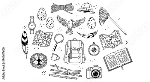 Camping and nature exploration essentials arranged in a circular pattern, featuring maps, binoculars, and adventure gear