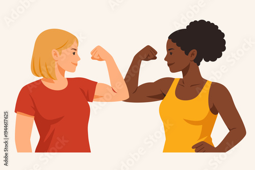 Empowered diverse women flexing biceps vector illustration. Strong white and black female characters showing muscles and solidarity. Flat design for fitness, health, and girl power concepts.