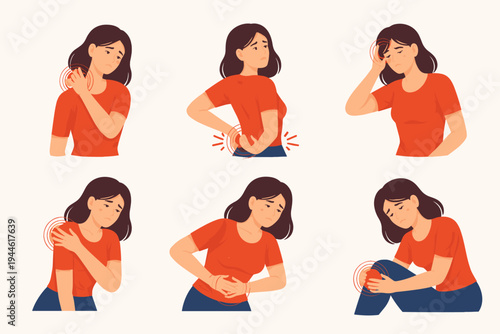 Vector Illustration Set of a Young Woman Suffering from Various Types of Body Pain including Headache, Neck Pain, Backache, Shoulder Pain, Stomach Ache, and Knee Joint Pain, Healthcare Concept