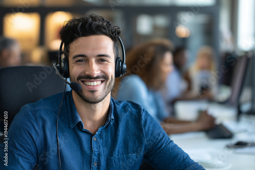 Smiling male customer service representative with headset working in busy call center