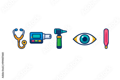 A collection of five colorful medical icons including a stethoscope, digital monitor, otoscope, eye, and thermometer, all displayed in a row against a solid black background.
