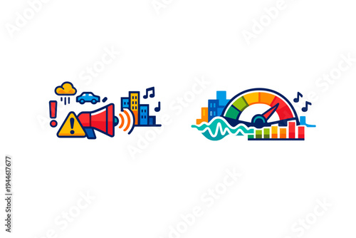 Two colorful vector icons representing urban noise pollution and sound level monitoring, featuring a megaphone, warning signs, a gauge, and city buildings on a black background.