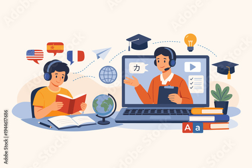 Online Language Learning Concept Illustration with Student Reading Book and Teacher on Laptop Screen, E-learning Education, Remote Tutoring, Foreign Languages Study, Global Communication Vector