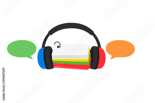 This illustration features a pair of headphones with a stack of multi-colored flashcards and two speech bubbles, symbolizing language learning and audio education on a dark background.