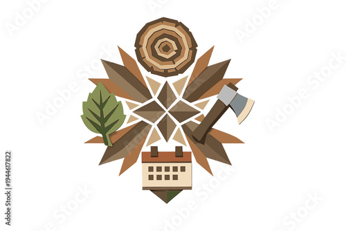 A stylized paper-cut illustration featuring a tree log, a green leaf, an axe, and a calendar arranged around a central geometric star pattern on a solid black background.