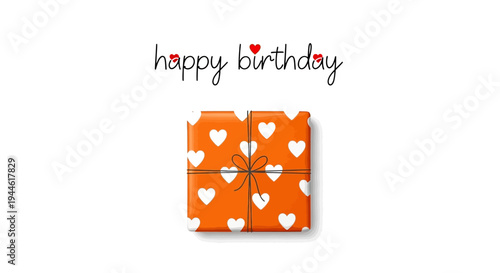 Happy Birthday message with a beautifully wrapped gift box adorned with heart patterns