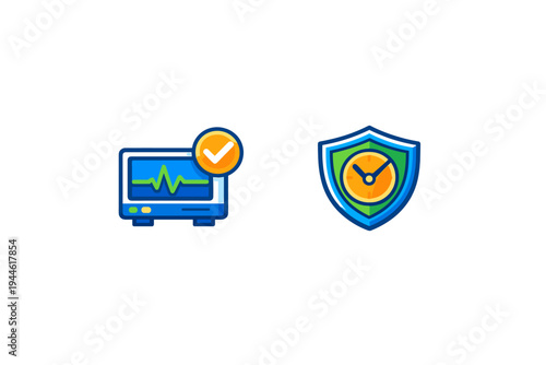 A medical monitor displaying a heartbeat with a checkmark icon next to a blue shield containing a clock face, both set against a solid black background in a flat style.