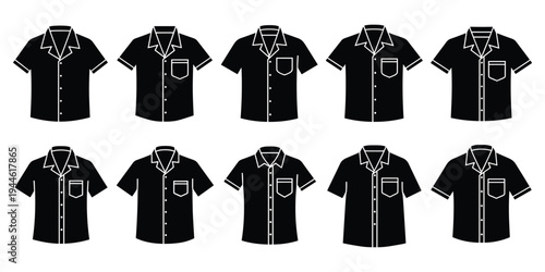 Short Sleeve Shirt Silhouette Set Casual Button Down Men Apparel VectorShort Sleeve Shirt Silhouette Set Casual Button Down Men Apparel Vector