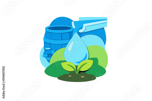 A digital illustration showing a blue rain barrel and gutter system collecting water for a small green plant sprout growing in soil, representing sustainable gardening and water conservation.