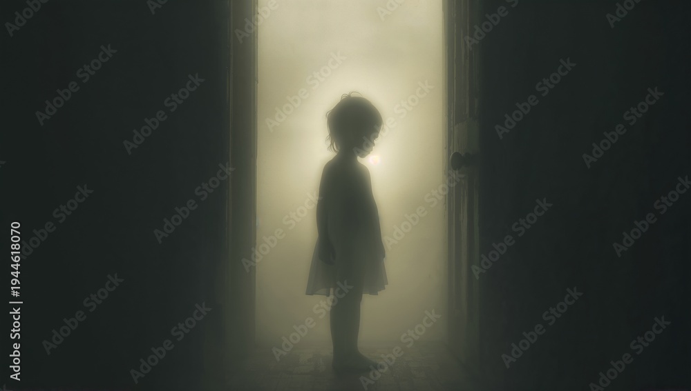 Obraz premium Standing child glowing in doorway at narrow hall, in light dress barefoot, with doorknob and haze