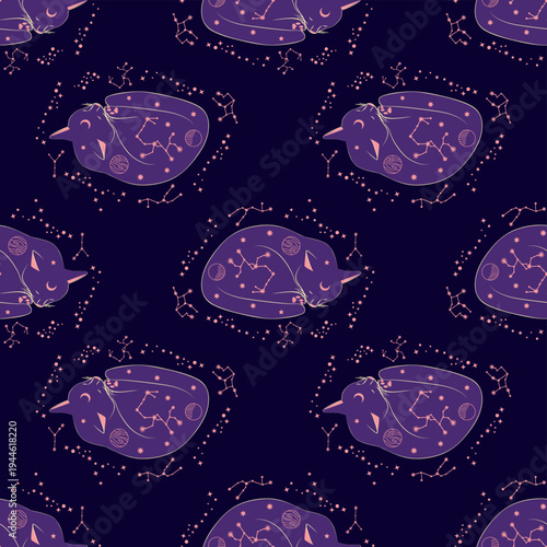 Mystical seamless pattern of cats in boho style, silhouette collection. Esotericism and mysticism, occultism. Cartoon flat vector illustrations, isolated