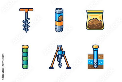 A set of six vector icons illustrating soil sampling and drilling equipment, including an auger, core sampler, bagged sample, casing, tripod rig, and a borehole cross-section.