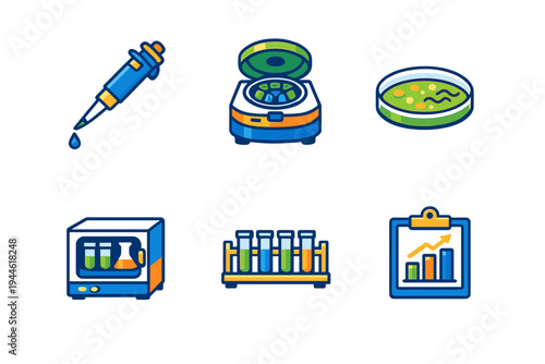 A set of six laboratory icons featuring a micropipette, centrifuge, petri dish, incubator, test tube rack, and a data chart on a clipboard, all in a stylized flat design.