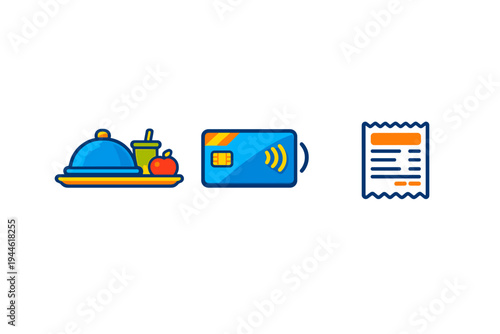 A flat vector illustration featuring icons for a meal tray with a cloche, a contactless credit card, and a paper receipt, representing a food purchase or payment process.